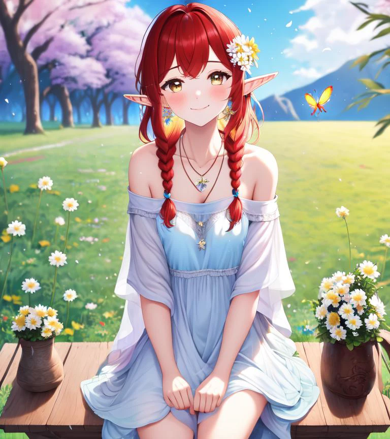 ((anime:1.2), exceptional, best aesthetic, new, newest, best quality, masterpiece, detailed:1.2),
1girl, bangs, bare shoulders, bench, red hair, blue butterfly, blurry, blurry background, blush, braid, breasts, bug, butterfly, collarbone, daisy, day, depth of field, dress, earrings, elf, field, flower, flower field, grass, hair ornament, jewelry, lake, long hair, looking at viewer, motion blur, nature, necklace, off shoulder, outdoors, pointy ears, sitting, smile, solo, water, white flower, yellow flower