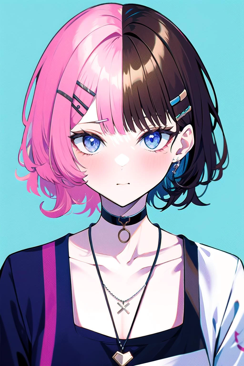 absurdres, best quality, androgynous, solo, looking at viewer,eye focus, <lyco:GoodHands-beta2:1.0>, <lora:TachibanaHinano:0.6>, TachibanaHinano, (short hair:0.75), medium breasts, (split-color hair), blue eyes, hairclip, (messy hair:1), choker, (earrings:0.1), necklace, (sidelocks)
BREAK
pink hair, (swept bangs:0.25), sidelocks
BREAK
brown hair, (blunt bangs:1), (sidelocks:1.5)