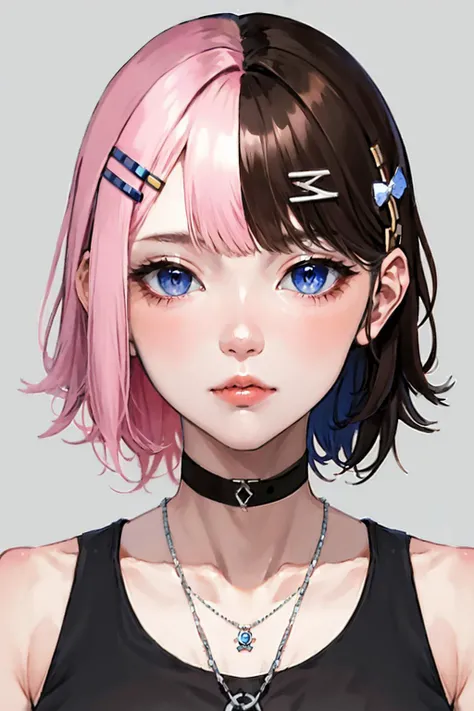 absurdres, best quality, androgynous, solo, looking at viewer,eye focus, <lyco:GoodHands-beta2:1.0>, <lora:TachibanaHinano:0.6>, TachibanaHinano, (short hair:0.75), medium breasts, (split-color hair), blue eyes, hairclip, (messy hair:1), choker, (earrings:0.1), necklace, (sidelocks)
BREAK
pink hair, (swept bangs:0.25), sidelocks
BREAK
brown hair, (blunt bangs:1), (sidelocks:1.5)