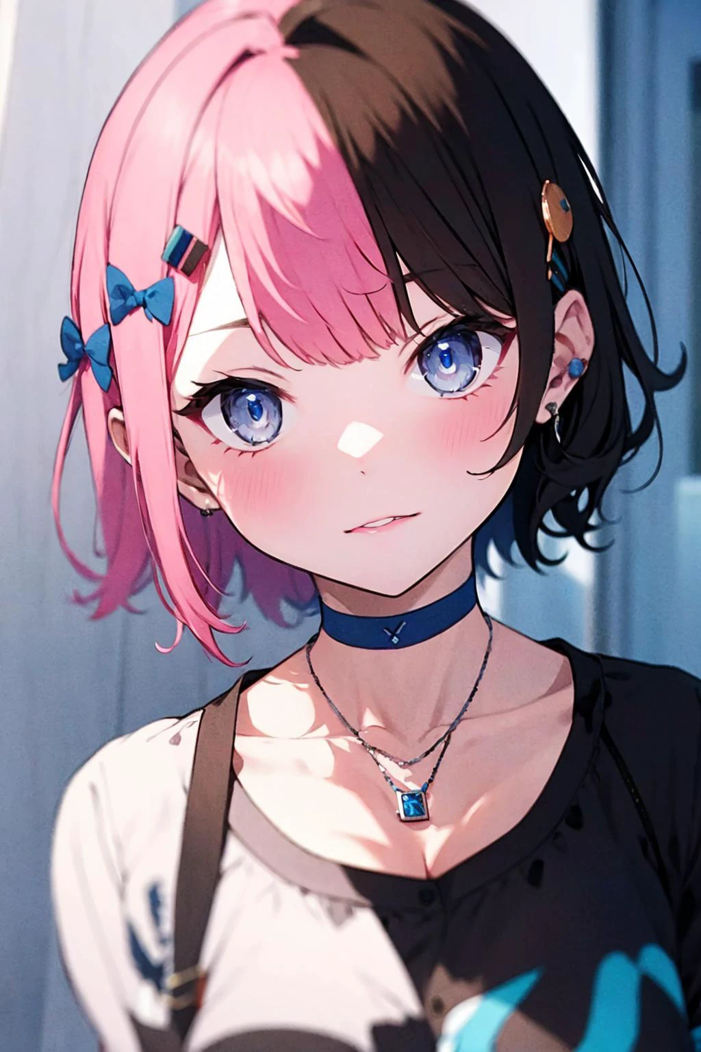 absurdres, best quality, androgynous, solo, looking at viewer,eye focus, <lyco:GoodHands-beta2:1.0>, <lora:TachibanaHinano:0.6>, TachibanaHinano, (short hair:0.75), medium breasts, (split-color hair), blue eyes, hairclip, (messy hair:1), choker, (earrings:0.1), necklace, (sidelocks)
BREAK
pink hair, (swept bangs:0.25), sidelocks
BREAK
brown hair, (blunt bangs:1), (sidelocks:1.5)