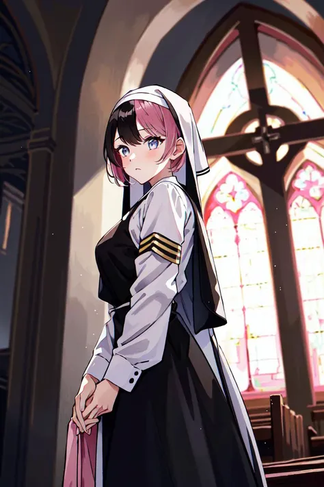 TachibanaHinano, 1girl, solo, short hair, medium breasts, (split-color hair, black hair, pink hair:1.3), blue eyes, <lora:TachibanaHinano-06:1>, 8k, masterpiece, best quality, absurdres, perfect anatomy, cinematic lighting, cowboy shot, (nun uniform:1.1), (church, praying:1.1), (facing viewer:1.1)