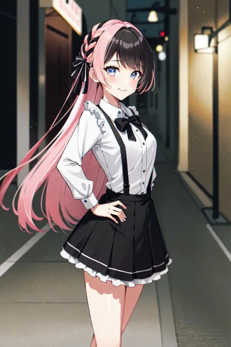 TachibanaHinano, 1girl, solo, long hair, medium breasts, (split-color hair, black hair, pink hair:1.3), blue eyes, smile, standing, dynamic pose, <lora:TachibanaHinano:1>, 8k, masterpiece, best quality, absurdres, perfect anatomy, cinematic lighting, cowboy shot, tokyo street, skirt, shirt, long sleeves, bow, ribbon, hair ribbon, white shirt, braid, frills, black skirt, plaid, black ribbon, black bow, suspenders, (hands on hips:1.2)