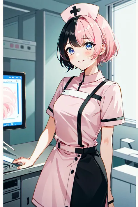 TachibanaHinano, 1girl, solo, short hair, medium breasts, (split-color hair, black hair, pink hair:1.3), blue eyes, smile, standing, dynamic pose, <lora:TachibanaHinano-06:1>, 8k, masterpiece, best quality, absurdres, perfect anatomy, cinematic lighting, cowboy shot, (nurse uniform:1.1), (hospital, surgery room:1.1)