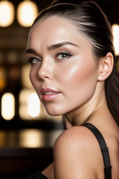 portrait photo of  heathered beautiful woman hair updo upsweep nightclub sitting at bar (masterpiece) (best quality) (detailed) (8k) (HDR) (wallpaper) (cinematic lighting) (sharp focus) (intricate)