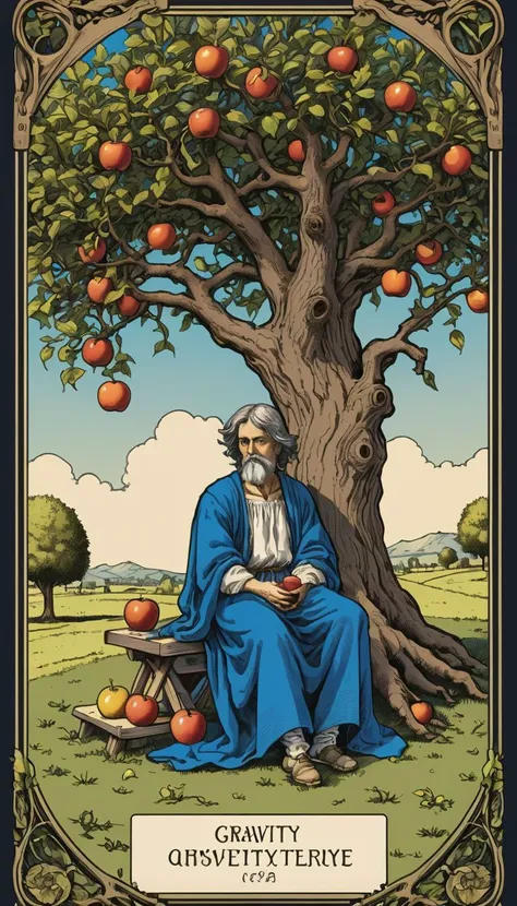 Tarot Card Style, tarot card of a philosopher sitting under an apple tree, bottom text "GRAVITY"
detailed, masterpiece,
<lora:Tarot Card XL:1> Tarot Card Style, <lora:EnvyBetterHiresFixXL01:0@0,0@.49,1@.5:hr=1>
