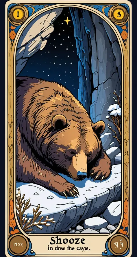 Tarot Card Style, tarot card of a bear sleeping in a cave, winter, bottom text "SNOOZE"
detailed, masterpiece,
<lora:Tarot Card XL:1> Tarot Card Style, <lora:EnvyBetterHiresFixXL01:0@0,0@.49,1@.5:hr=1>
