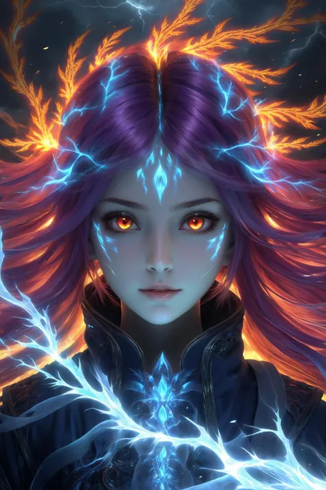 (masterpiece, top quality, best quality, official art, beautiful and aesthetic:1.2), (1girl), extreme detailed,(abstract, fractal art:1.3),colorful hair,highest detailed, detailed_eyes, fire, water, ice, lightning, light_particles, ghost,