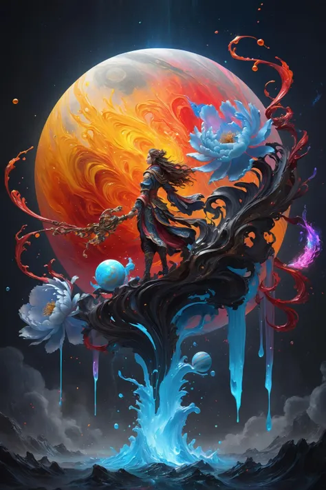 Jupiter, splash art, a close up liquid luminous moon lady made of colors, silver, red, orange, light yellow, grey golden, liquid fire peony flowers, filigree, filigree detailed, swirling fire flames, Galaxy, color drops, color waves, moonlight, splash style of colorful paint, hyperdetailed intricately detailed, unreal engine, fantastical, intricate detail, splash screen, complementary colors, fantasy, concept art, 8k resolution, masterpiece, oil painting, heavy strokes, paint dripping, splash arts, fantasy art, concept art, centered composition perfect composition, centered, intricated pose, intricated