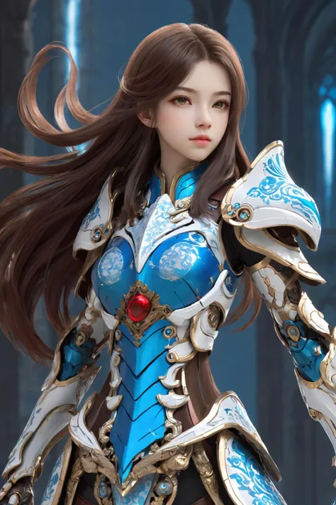 front_view, (1girl, looking at viewer), brown long hair, mechanical white armor, intricate armor, delicate blue filigree, intricate filigree, red metalic parts, detailed part, dynamic pose, detailed background, dynamic lighting,