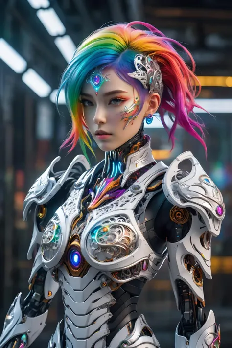 surreal photography of a stunning beautiful cyborg female, rainbow hair, huge breast, (beauty and detailed armor), embraced, delicate white filigree, intricate filigree, glowing, navel, highly detailed, intricate detailed, face symmetry, masterpiece, award-winning, sharp focus, concept art, low key, 8k, uhd, low key, octane render