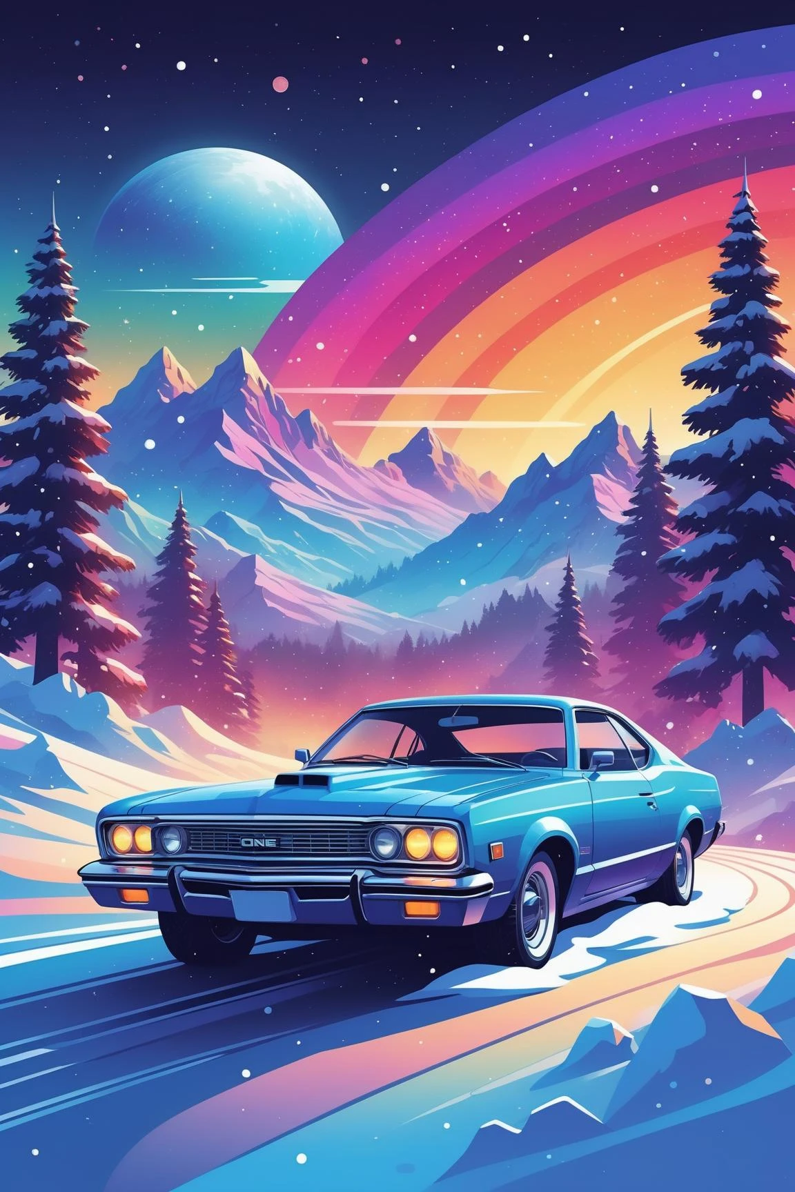 futuristic design, galaxy, and star tone, artwork of t-shirt graphic design, flat design of one retro ,retro car ,colorfull shades, winter snow magic ground, highly detailed clean, vector image, photorealistic masterpiece, professional photography, simple sunrise backdrop , flat white background, isometric, vibrant vector((white background))