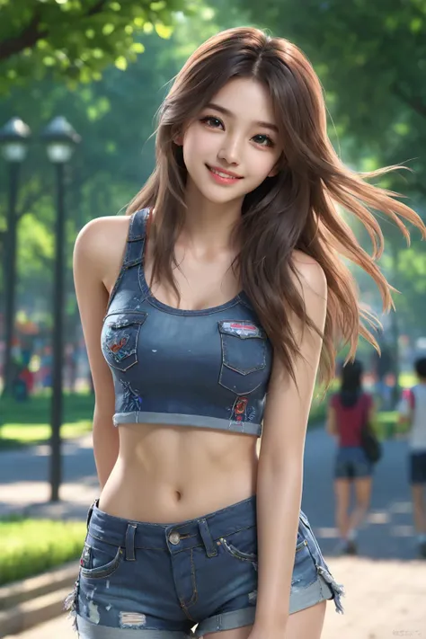 masterpiece, photorealistic, best quality, 1girl, beautiful face, light smile, long messy hair, hands behind back, crop top, navel, midriff, open denim shorts, public park, depth of field, intricate detailed, alluring face, detailed skin, pore, finely detailed, dslr