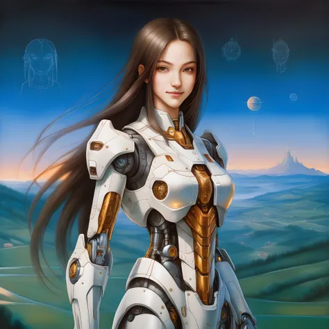 a painting of a cyborg mecha woman with long straight hair and a smile on her face, greebling, with a landscape in the background, by leonardo da vinci, italian renaissance painting, glowing outlines, cyberpunk girl, gundam girl