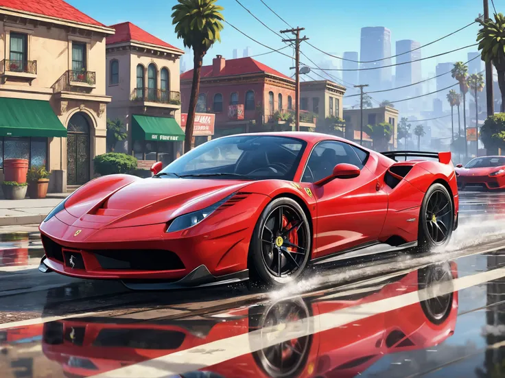 Illustration, digital art, (Gta 5 style:1.4), bright colors, (cartoon style:1.2), glamorous style, best quality, holistic, high detail, red Ferrari race car, background, elaborate details, asobnya background, after rain, soft light <lora:add-detail-xl:1>