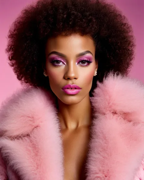 1980s class photo of african american model with curly afro hair and wearing a pink fur jacket, glamour makeup, real skin, textured skin, intricately detailed eyes and lips, sharp focus, 16K digital photo, (subsurface scattering:0.7)