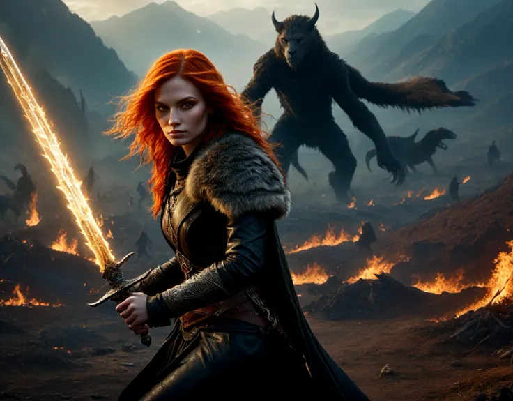 young woman that lived with monsters, now she leads the people to join them with sword in hand. action poses, (leather and fur and animal skin clothing:1.4), (flame orange-red hair:1.3), epic, beasts, wizards, warriors, ancient time fantasy world setting, realism, cinematic lighting, greg rutkowski, wlop, swords, ruined cities, burned fields, real skin, textured skin, intricately detailed eyes and lips, sharp focus, (subsurface scattering:0.7), autofocus