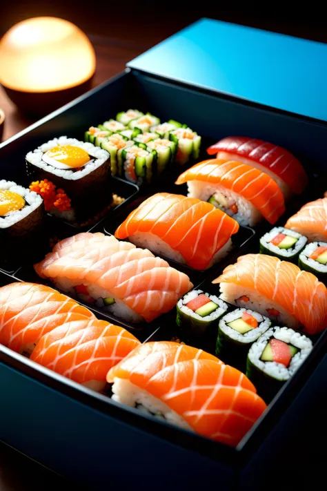 perfect bento box filled with colorful sushi, 35mm film shot, anamorphic lens, lens flare,