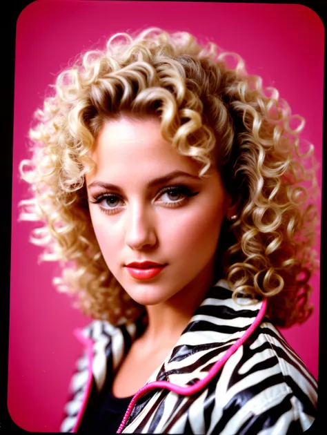 1980s class photo of blonde model with curly hair and wearing a zebra print leather jacket, glamour makeup, 35mm film shot, anamorphic lens, lens flare,