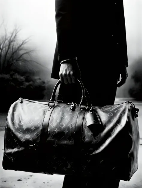 louis vuitton duffle bag advertisement in the style of david lynch, 35mm film shot, anamorphic lens, lens flare,