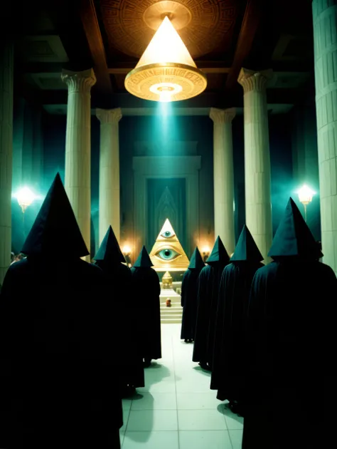 illuminati meeting inside temple, 35mm film shot, anamorphic lens, lens flare,