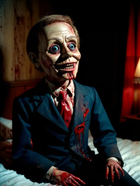 antique ventriloquist dummy sitting on a bed covered in blood, uncanny valley, unnerving, 35mm film shot, anamorphic lens, lens flare,