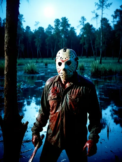 Jason Vorhees covered in blood posing inside a swamp, 35mm film shot, anamorphic lens, lens flare,