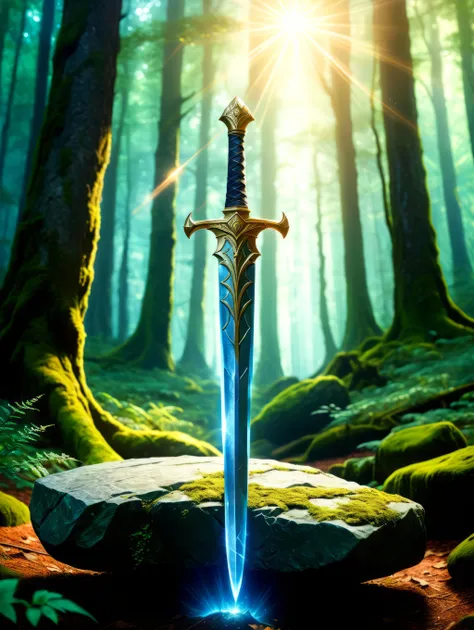 sword in a stone in a majestic forest with godrays, 35mm film shot, anamorphic lens, lens flare,