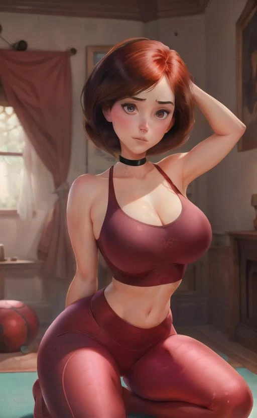 HelenParr, beautiful face, kneeling, yoga, (huge breasts:1.1), (wide hips:1.1), (art by Jeremy Lipking, bright colored outfit, Dean cornwell, Charlie Bowater), abs, yoga mat, living room, yoga pants, sports bra, thong string, looking at viewer, <lora:HelenParr:0.9>
