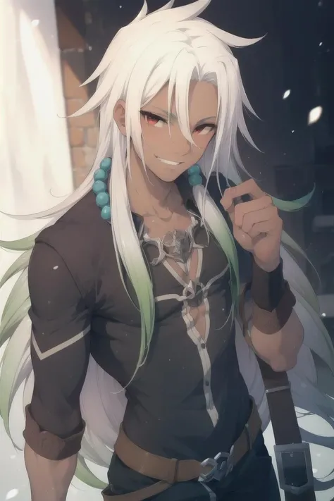 masterpiece, best quality, absurdres, male focus, Zaveid, 1boy, dark-skinned, two-toned hair, white hair, green hair, red eyes, looking at the viewer, grinning, wearing casual clothes, (depth of field, exquisite light and shadow, smooth blend of colors, finely detailed art), <lora:add_detail:0.3>, <lora:Zaveid:0.6>