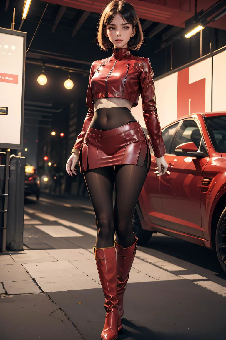 (masterpiece, best quality), 1girl, <lora:sabrina_outfit_frlg:0.8> sabrina_outfit_frlg, pantyhose, red skirt, covered navel, crop top, red jacket, boots, bodysuit under clothes, skin tight, black pantyhose, cropped jacket, boots