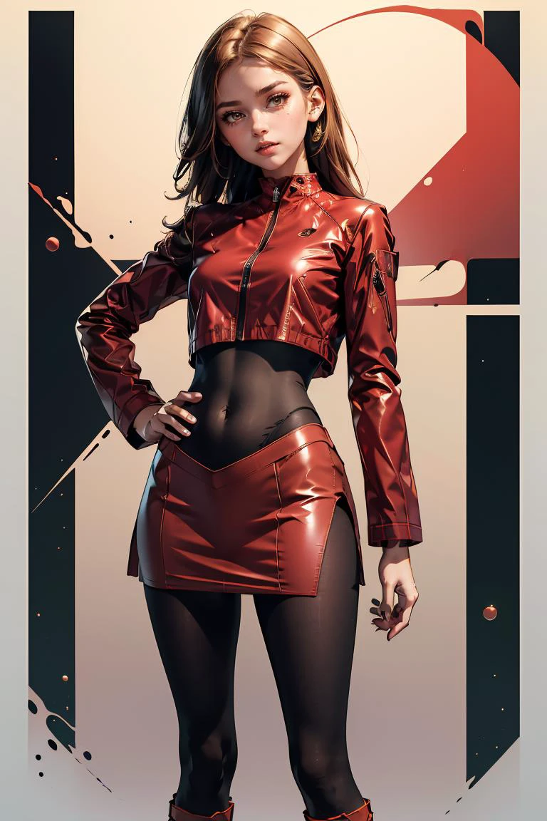 (masterpiece, best quality), 1girl, <lora:sabrina_outfit_frlg:0.8> sabrina_outfit_frlg, pantyhose, red skirt, covered navel, crop top, red jacket, boots, bodysuit under clothes, skin tight, black pantyhose, cropped jacket, boots
