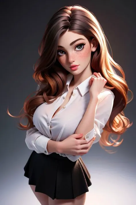 (masterpiece:1.3), (best quality:1.2), intricate details, (highly detailed skin:1.2), fay3, (1girl:1.2), large breasts, realistic, highres, beauty photo, tear drop boobs, from above, cool mood, (wearing white shirt and black skirt:1.3), long hair, (redhead haircolor:1.3) , Hourglass-Petite body shape, fill lighting, fcDetailPortrait, (tilted head:1.4), (sexy pose:1.3), (freckles:0.8) <lora:fay3_SD15:0.8>