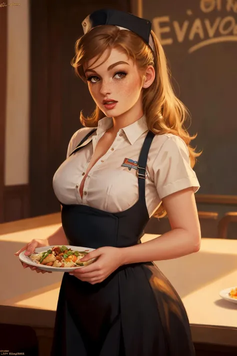 Real women, she is Blonde with short hair, she has an hourglass figure, she has a surreal, hentai-like physique, with exaggerated curves that showcase large buttocks and voluminous breasts.
Realistic style
On the poster, she's dressed as a waitress, wearing an elegant black apron over a crisp white shirt. Her hair is gathered in a neat ponytail, adding a note of professionalism to her appearance.
She stands facing the audience, a large blackboard in her hands, on which is written in elegant white letters the dish of the day: “Beef stew with seasonal vegetables”. Her warm, welcoming smile invites customers to take an interest in the dish she's offering.
The background is enlivened with restaurant elements, such as well-arranged tables and wall decorations, creating a convivial atmosphere. Her sparkling eyes and engaging attitude convey a sense of pleasure and satisfaction, making this poster an irresistible invitation to discover the restaurant's delights.