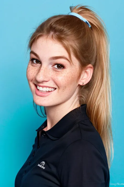 portrait photograph of fay3, a woman with a black polo shirt smiling for a picture in a studio photo with (a blue background:1.3), hair in a ponytail, (freckles:0.8), id photo, high school background, depth of field, f22, <lora:fay3_SD15:1>, detailed skin texture, (blush:0.5), (goosebumps:0.5), subsurface scattering