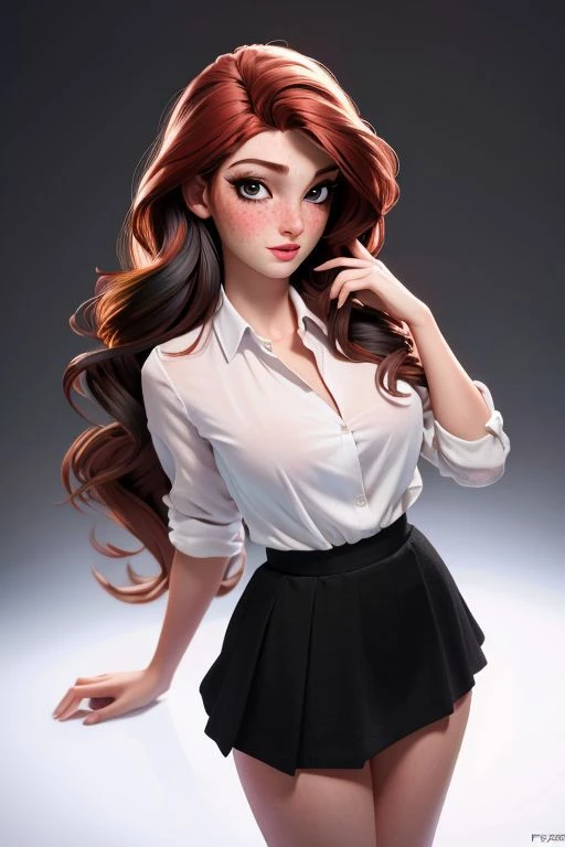 (masterpiece:1.3), (best quality:1.2), intricate details, (highly detailed skin:1.2), fay3, (1girl:1.2), large breasts, realistic, highres, beauty photo, tear drop boobs, from above, cool mood, (wearing white shirt and black skirt:1.3), long hair, (redhead haircolor:1.3) , Hourglass-Petite body shape, fill lighting, fcDetailPortrait, (tilted head:1.4), (sexy pose:1.3), (freckles:0.8) <lora:fay3_SD15:0.8>