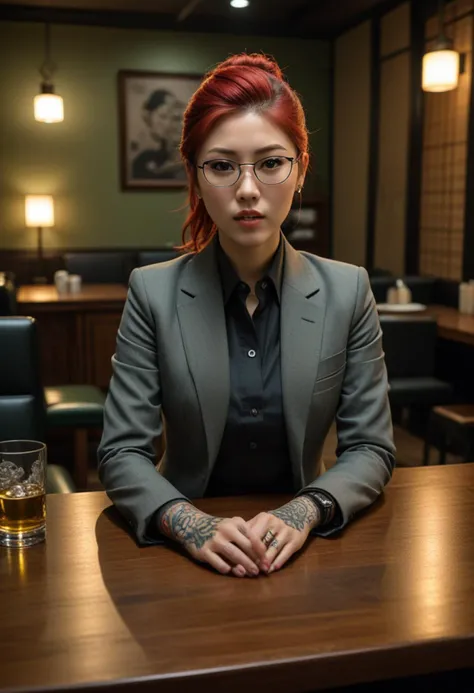 (medium full shot) of (charismatic yakuza) korean young woman, petite build, short red ponytail hair, green eyes, yakuza tattoos, wearing a dark grey button-up shirt, suit pants, black boots, sunglasses, set in Meeting Room, long table surrounded by high-backed chairs, subdued lighting, traditional Japanese decor, a sideboard with drinks, at night, woman surprised, open mouth, running toward the viewer, Masterpiece,best quality, photorealistic, amazing quality, very aesthetic, extremely detailed face,