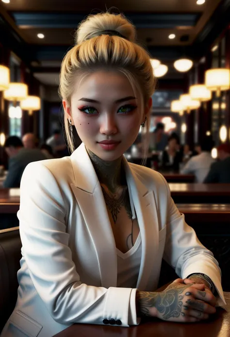 (medium full shot) of (tough yakuza) chinese young woman, scar on face, willowy build, long blonde messy bun hair, olive green eyes, yakuza tattoos, wearing a white suit jacket, black chinos, sleek sneakers, tattoo sleeves, set in Hostess Club, Main Hall, plush seating arrangements around low tables, a stage with a spotlight, a bar counter stocked with various beverages, soft jazz music playing in the background , woman smiling at the viewer, ,Masterpiece,best quality, photo, realistic, very aesthetic, detailed face,