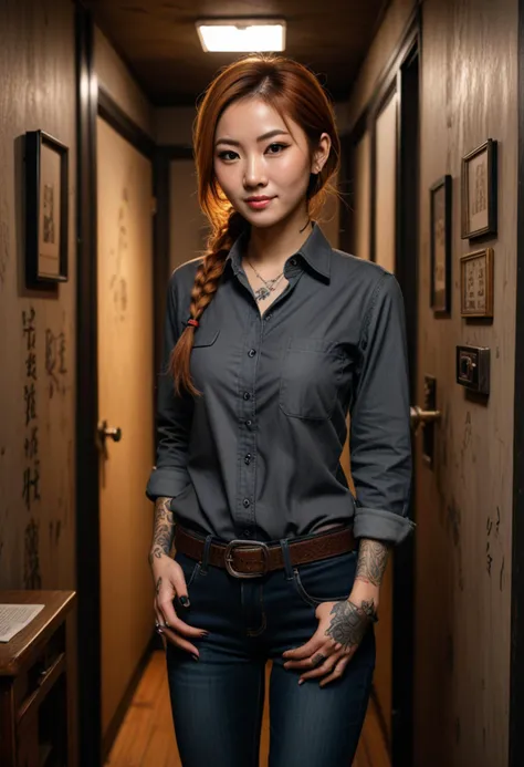 (medium full shot) of (fierce yakuza) chinese young woman, slender build, short ginger double braids hair, brown eyes, yakuza tattoos, wearing a dark grey button-up shirt, dark jeans, black boots, fedora, set in Secret Hideout, hidden room with minimal furniture, surveillance equipment, maps and plans on the walls, secure doors, at sunset, woman smiling at the viewer, Masterpiece,best quality, photorealistic, amazing quality, very aesthetic, extremely detailed face,