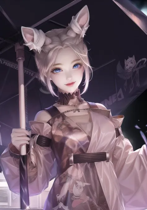 wuxian-xsg, 1girl, solo, umbrella, blue eyes, looking at viewer, grey hair, hair bun, double bun, holding umbrella, holding, animal ears, <lora:wuxian-xsg:1>, masterpiece, best quality,