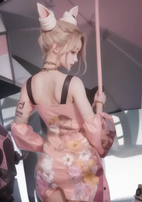 wuxian-xsg,1girl,solo,umbrella,blue eyes,looking at viewer,grey hair,hair bun,holding umbrella,holding,animal ears,pink dress,<lora:wuxian-xsg:0.95>,ulzzang-6500,pureerosface_v1, from behind, ilya kuvshinov, greg rutkowski, alphonse Mucha