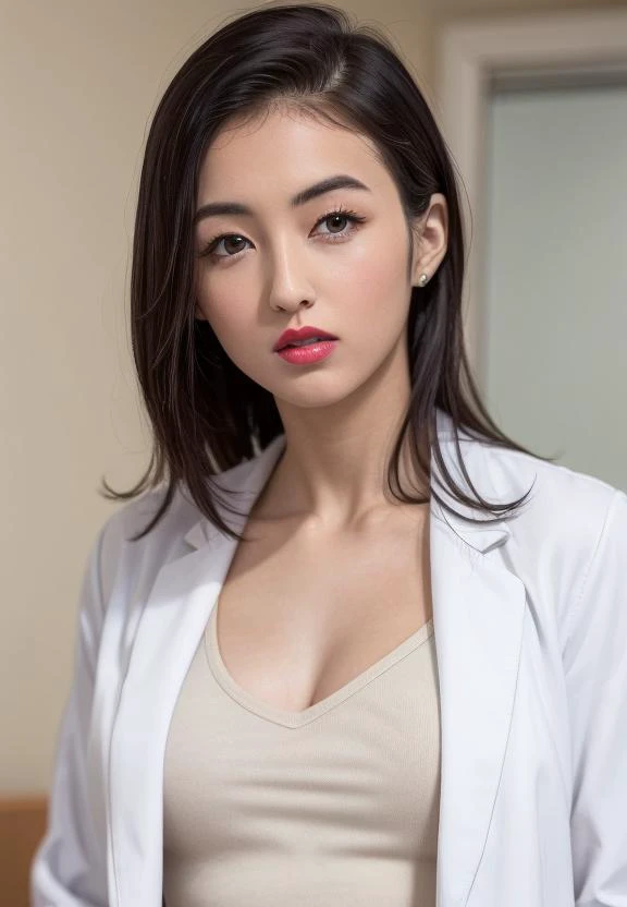 solo,
(office lady,white coat,),
half-length photo,cowboy shot,
office,
(looking at viewer:1.3),small breasts,
parted lips, red_lips,shiny skin, skindentation, best quality, ultra high res, (photorealistic:1.4),