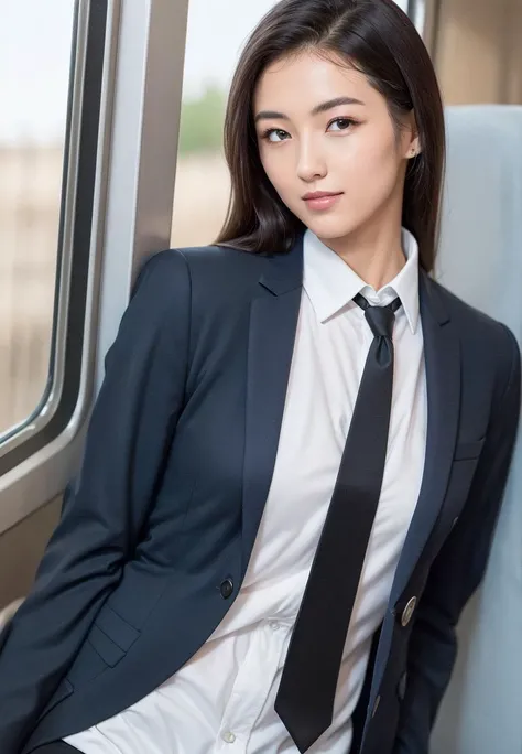 solo,
(business suit,dark_jacket,white_shirt),
half-length photo,cowboy shot,
train interior ,
(looking at viewer:1.3),
 light_makeup  smile, shiny skin, skindentation, best quality, ultra high res, (photorealistic:1.4),