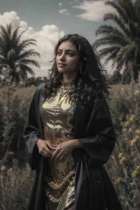 a profesional photo of 1girl  slender body  Shady, dark skin, black hair,  <lora:Shady:0.7> wearing Tom Ford black and gold sequin gown balancing  , lonely expression, in   in a field with flowers, perfect quality, masterpiece, ultradetailed, realistic, photorealistic, intricated details, perfect body proportions, ultraclear, bokeh, realistic lights, slim body, slender body, small breasts, cowboy shot, character focus   <hypernet:sxzBloom_sxzBloom:0.6> <lora:add_detail:0.6>