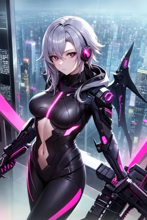 1girl, solo, city lights, (cyberpunk, cyberpunk style), from above,
 <lora:arlecchino:0.7>,  arlecchino(genshin impact), x-shaped pupils, black eyes, red pupils, 
bangs, headphones, breasts,
hoodie,
holding weapon, plasma sword,
cyborg, mechanical_bodysuit, bodysuit, science fiction,
mechanical arms, single mechanical wings, broken wing, mechanical eye,
mechanical parts, mechanical_suit, mechanical, white breastplate, armor, shoulder pads,
looking at viewer, staring,
<lora:add_detail:0.2>,
photorealistic, cyberpunk city, (night, night city, dark), cyberpunk lights, streets, skyscraper,(neon lights, bright_lights, pink_lights, neon lights in background:1.3),, weird atmosphere, (best quality:1.1), (masterpiece:1.2), high quality shadow, beautiful detailed, (high detailed skin, skin details), (wide_landscape, 8k), beautiful face, detailed eyes, depth of field, dramatic light, best quality, highres, best shadow, best illumination,