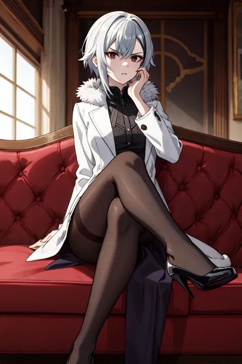 1girl, solo, sitting, from below, crossed legs, 
<lora:arlecchino:0.7>,  arlecchino(genshin impact), x-shaped pupils, black eyes, red pupils, white hair,  bangs, breasts, streaked hair, short hair, breasts, 
fur trim, coat, fur coat, open coat,  white shirt, 
feet, soles, soles in pantyhose, pantyhose, 
hand on own face, leaning to the side, 
looking at viewer,
<lyco:glaringV_Conv2D:0.7>, glaring, angry,
<lora:add_detail:0.3>, <lora:outline:0.2>,  couch,, weird atmosphere, (best quality:1.1), (masterpiece:1.2), high quality shadow, beautiful detailed, (high detailed skin, skin details), (wide_landscape, 8k), beautiful face, detailed eyes, depth of field, dramatic light, best quality, highres, best shadow, best illumination,
