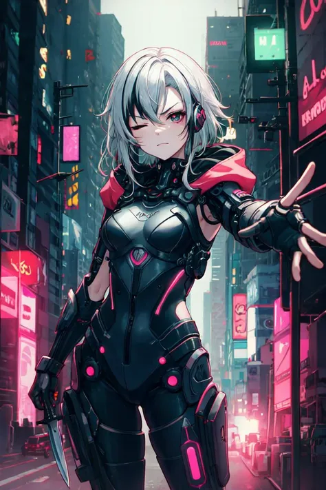 1girl, solo, city lights, (cyberpunk, cyberpunk style), from above,
<lora:arlecchino:0.9>, arlecchino(genshin impact), x-shaped pupils, black eyes, red pupils, white hair, black streaks, streaked hair,
bangs, headphones, breasts,
hoodie,
holding weapon, knife, reaching out, at_viewer, firing at viewer, holding knife,
cyborg, mechanical_bodysuit, bodysuit, science fiction,
mechanical arms, mechanical eye, one eye closed, plugsuit,
mechanical parts, mechanical_suit, mechanical, white breastplate, armor, shoulder pads,
looking at viewer,
<lora:add_detail:0.5>, <lora:outline:0.3>,
<lyco:glaringV_Conv2D:0.7>, evil, angry, glaring, smug,
photorealistic, cyberpunk city, (night, night city, dark), cyberpunk lights, streets, skyscraper,(neon lights, bright_lights, pink_lights, neon lights in background:1.3),, weird atmosphere, (best quality:1.1), (masterpiece:1.2), high quality shadow, beautiful detailed, (high detailed skin, skin details), (wide_landscape, 8k), beautiful face, detailed eyes, depth of field, dramatic light, best quality, highres, best shadow, best illumination,