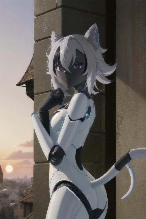 <lora:kerfusv1.4:1>, kerfus, female, robot, anthro,white tail, robot joints, <lora:arlecchino-v2:0.8>, Arlecchino(genshin impact), multicolored hair, black hair, symbol-shaped pupils, short hair, streaked hair, fur trim, black eyes, hair between eyes, red pupils, BREAK,Attending an important doctor's appointment,arm at side,Notre-Dame Cathedral,style by Misha Gordin,intricately detailed masterpiece sharp and fine,Bloom Effect,Dreamy Haze Photography,Warm Sunset Glow
