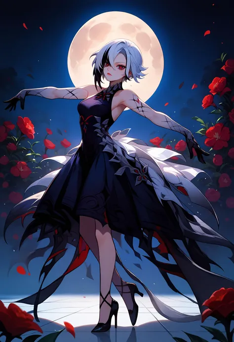 score_9,score_8_up,score_7_up,arlecchino gi,x-shapped pupils,white hair,short hair,black hair,black gloves,multicolored hair,full body,black dress,dancing,dynamic pose,female focus,heels,flowers,[full moon],night,dark theme,,<lora:arlecchino xl pd:0.8>