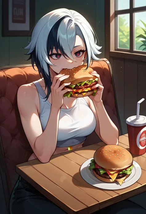 score_9,score_8_up,score_7_up,score_6_up <lora:arlecchino xl pd:0.8>arlecchino gi, 1girl, solo, sitting, holding burger, breasts, hair between eyes, navel, bangs,eating, biting burger, table,table,food,crop top, casual,