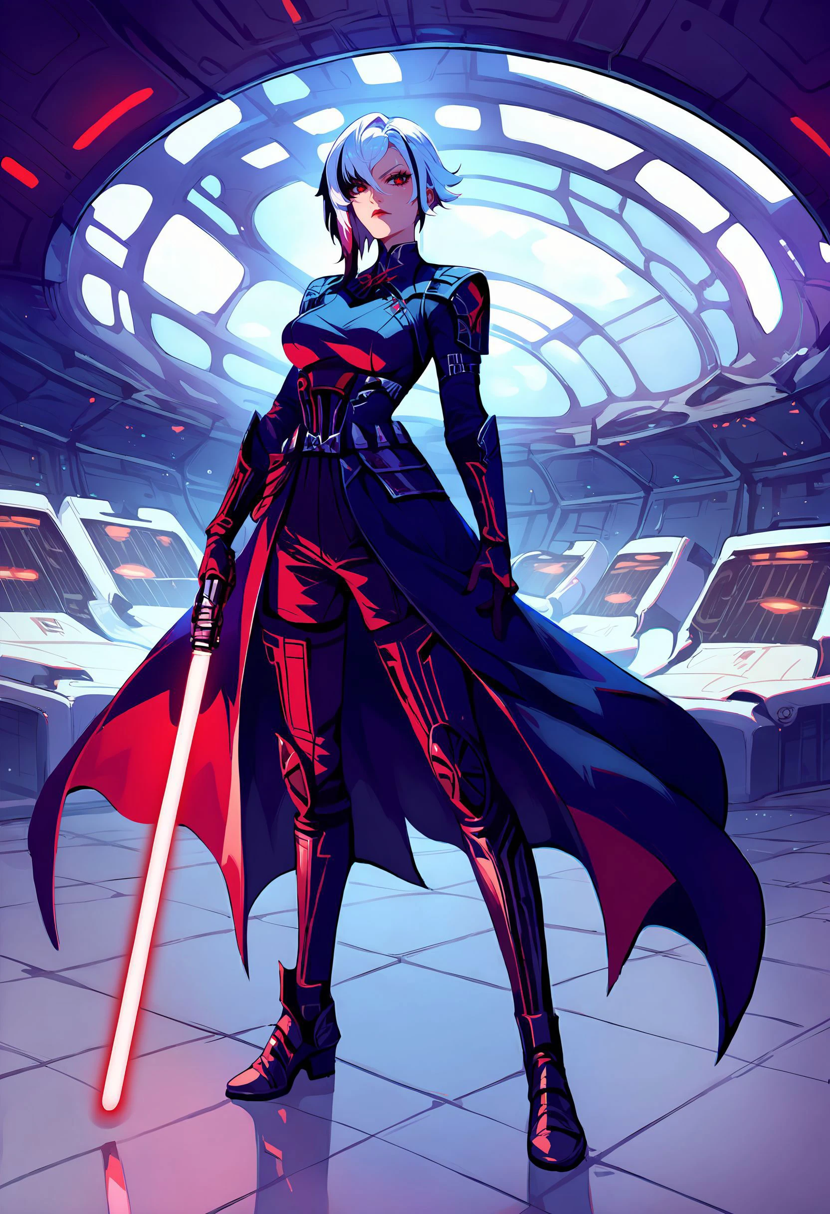score_9,score_8_up,score_7_up,1girl,arlecchino gi,solo,female focus,x-shapped pupils,white hair,short hair,Darth Vader,full body,boots,looking at viewer,black armor,breasts,star wars,red lightsaber,indoors,space station,sci-fi,,<lora:arlecchino xl pd:0.85>